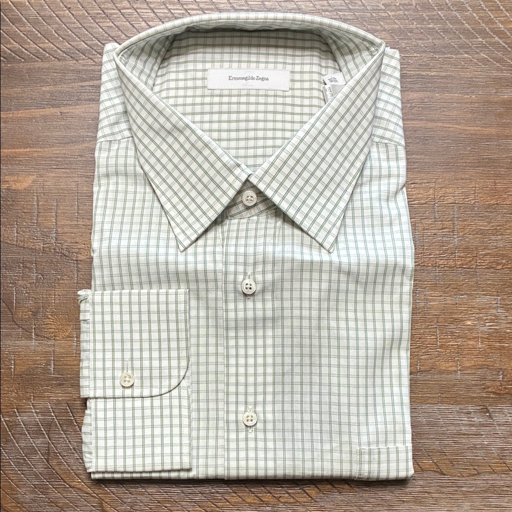 Ermenegildo Zegna Men's White and Green Plaid Shirt